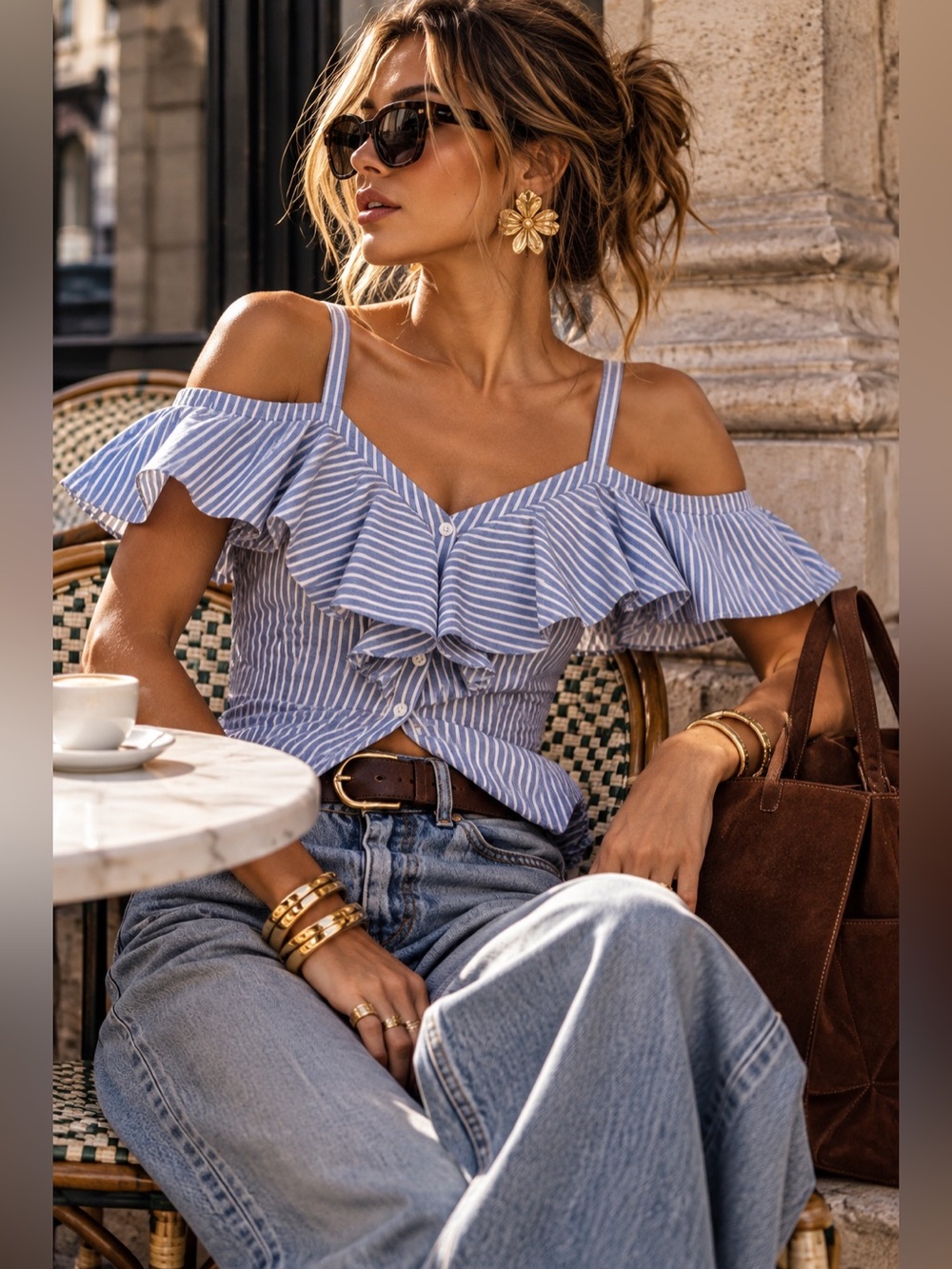 Veronica Beard Grant Blue Stripe Cold Shoulder Ruffle Cotton Blouse Size 8